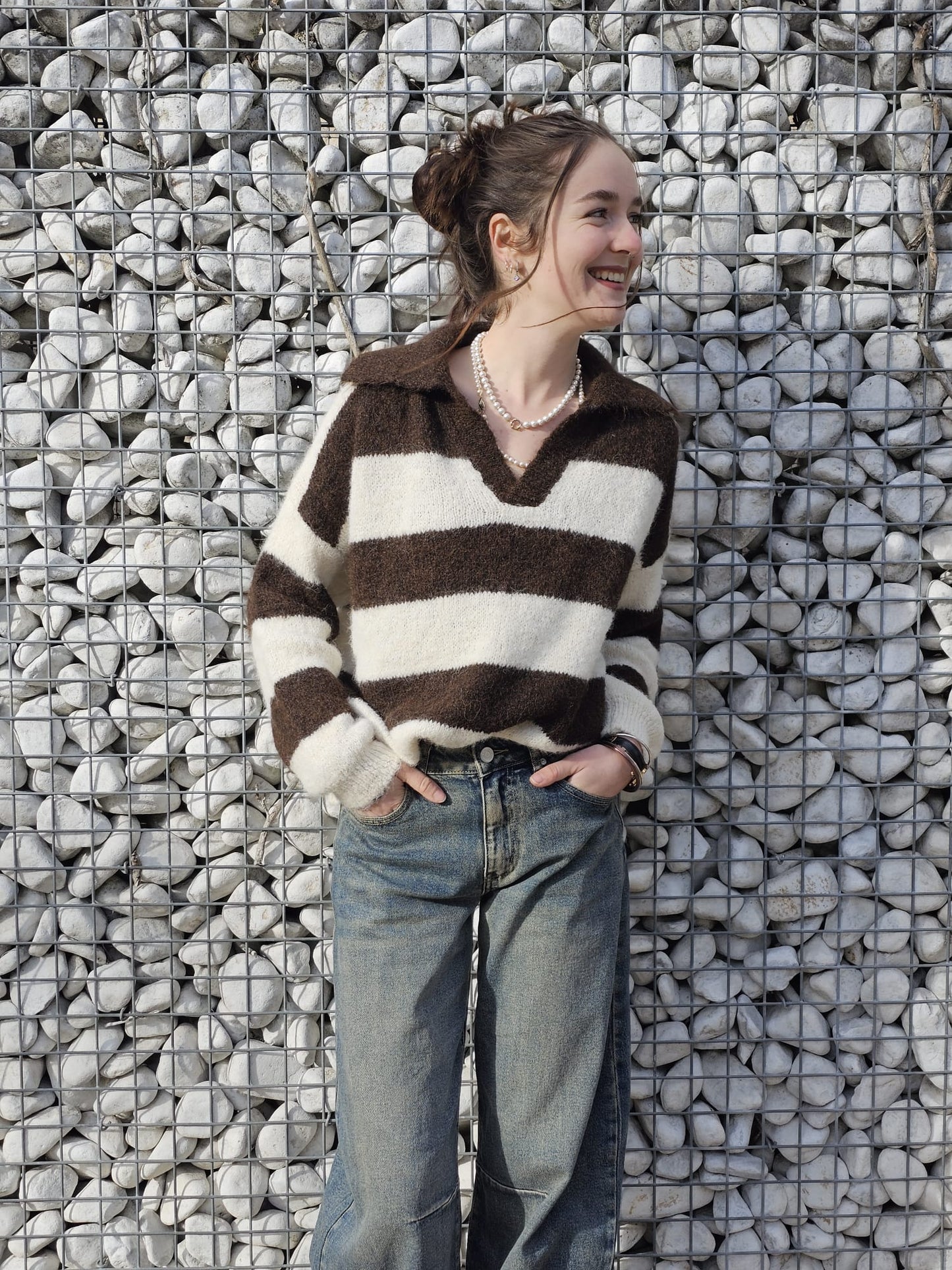 Pull rayé marron et beige Djena