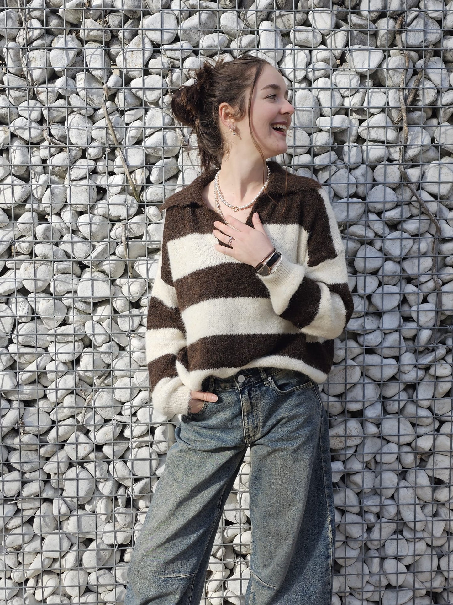 Pull rayé marron et beige Djena